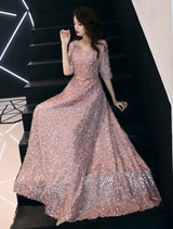 Classic Sequin Evening Dresses Maxi Half Sleeve V Neck Floor Length Formal Gowns-showprettydress