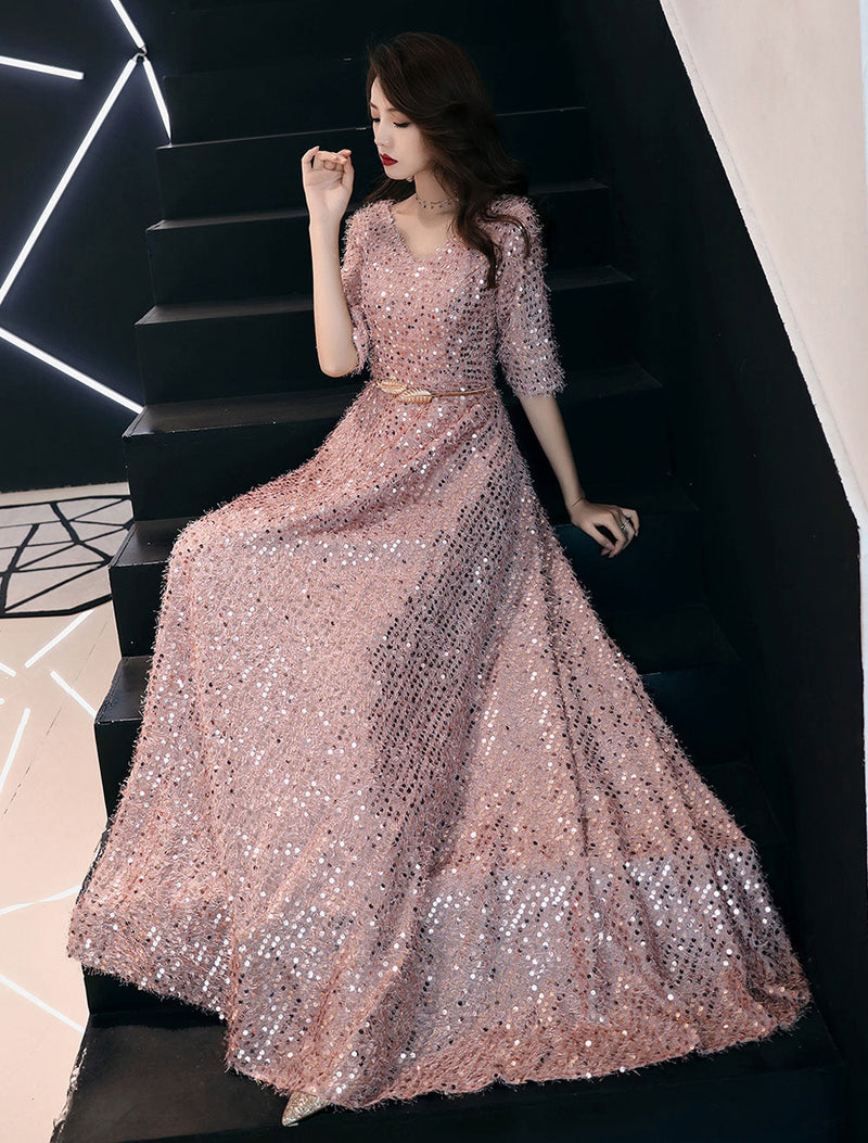 Classic Sequin Evening Dresses Maxi Half Sleeve V Neck Floor Length Formal Gowns-showprettydress