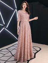 Classic Sequin Evening Dresses Maxi Half Sleeve V Neck Floor Length Formal Gowns-showprettydress