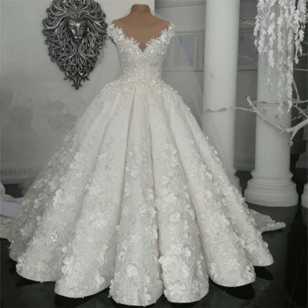 Classic Sleeveless Crystal Wedding Dresses Sheer Tulle Flowers Bridal Gowns with sparkle Beading-showprettydress
