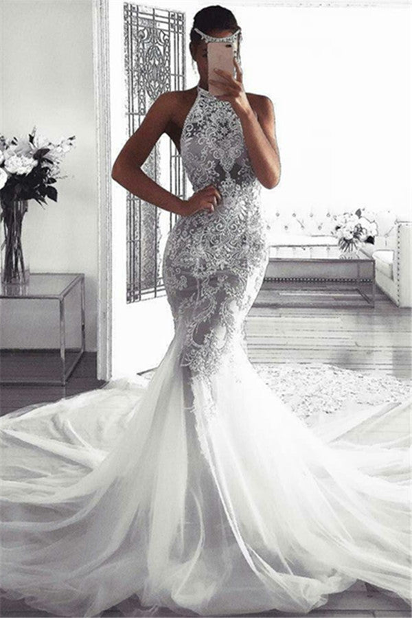 Classic Sleeveless Halter Wedding Dresses Modern Mermaid Tulle Bridal Dresses-showprettydress