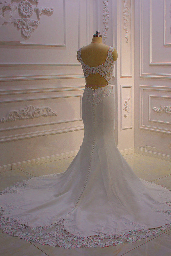 Classic Sleeveless Lace V neck Column White Court Train Wedding Dress-showprettydress