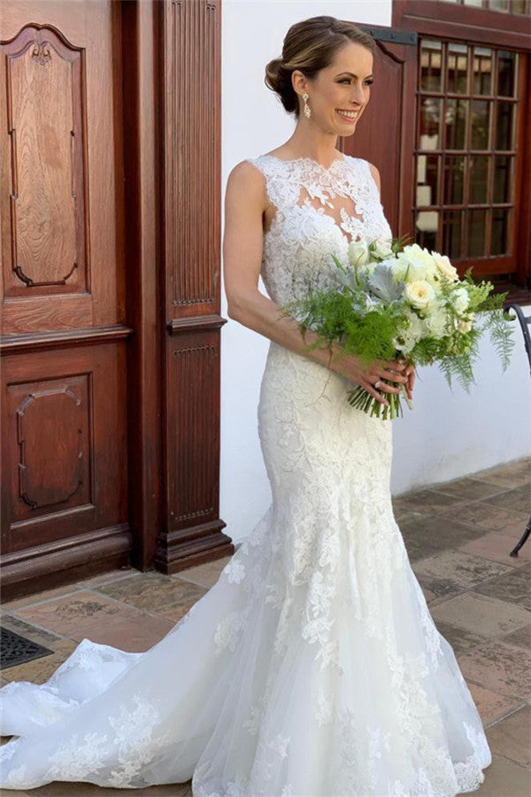Classic Sleeveless Strap Lace Appliques Mermaid Bridal Wedding Dresses-showprettydress