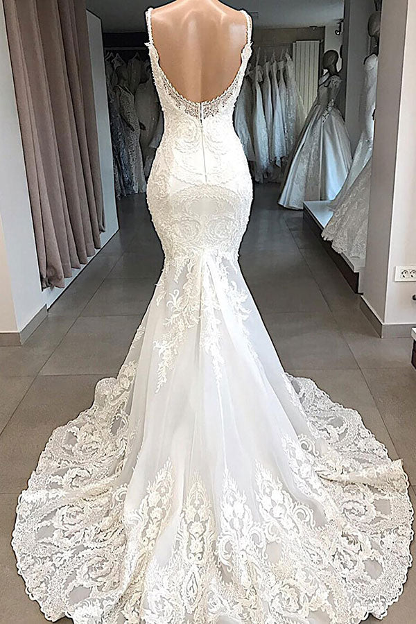 Classic Spaghetti Strap V neck White Sleeveless Mermaid Open Back Wedding Dress with Chapel Train-showprettydress