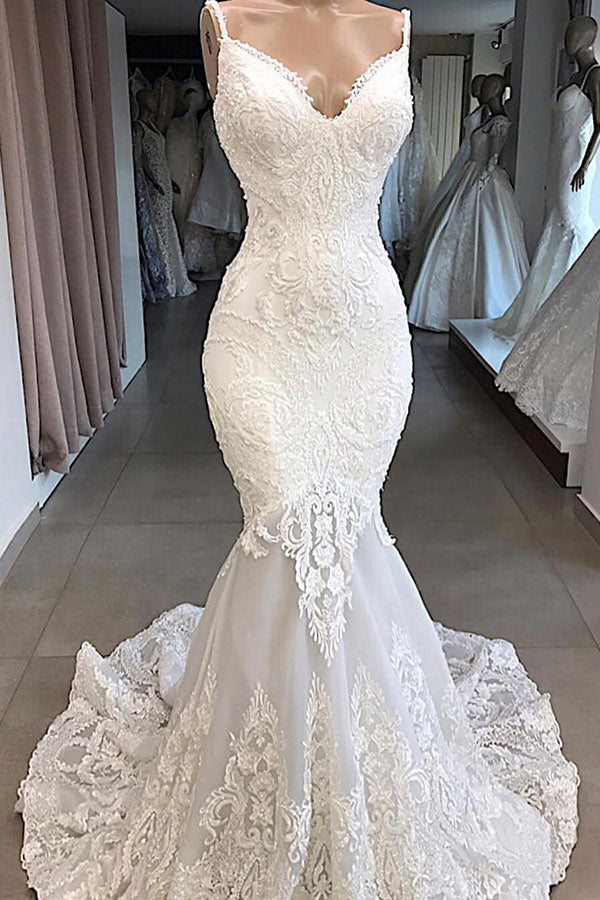 Classic Spaghetti Strap V neck White Sleeveless Mermaid Open Back Wedding Dress with Chapel Train-showprettydress