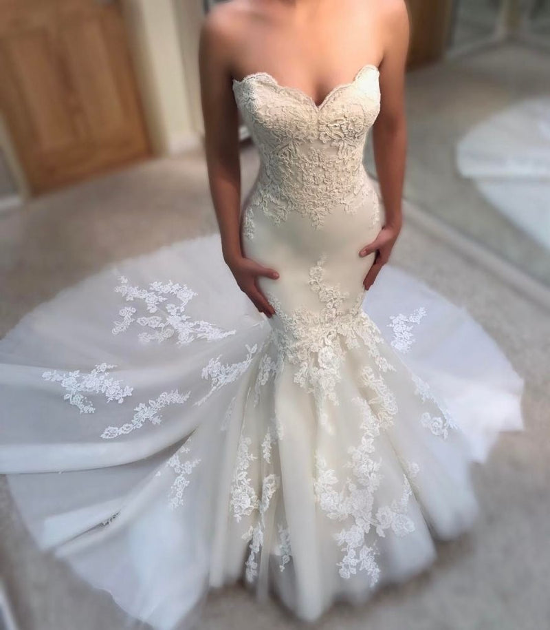 Classic Summer Mermaid Wedding Dresses Sweetheart Neck Appliques Sleeveless Bridal Gowns-showprettydress
