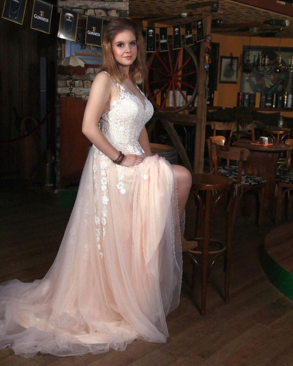 Classic V Neck A line Wedding DressTulle Lace Appliques Simple Side Split-showprettydress