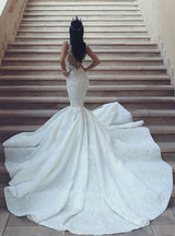 Classic V Neck Sleeveless Wedding Dresses Mermaid Lace Bridal Gowns with Buttons-showprettydress