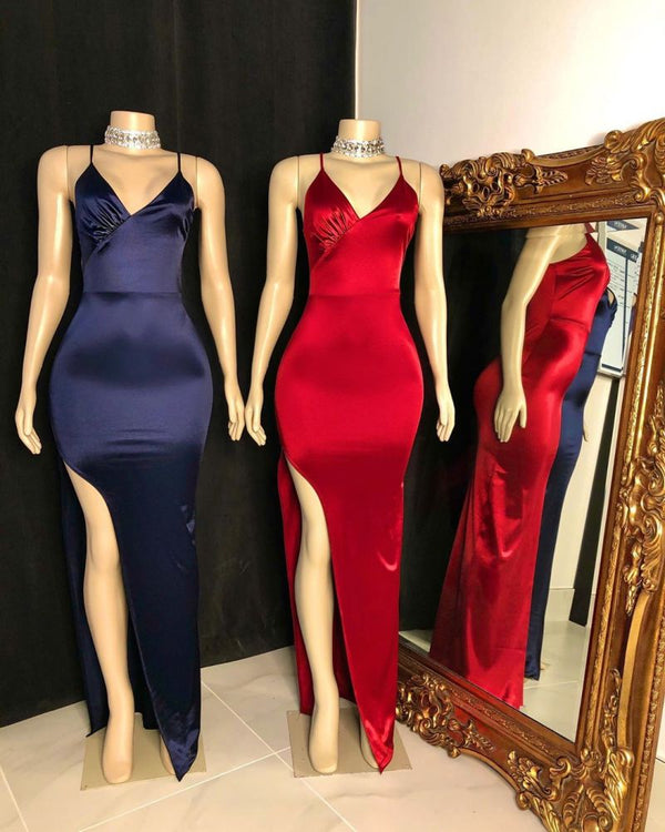 Classic V-neck Spaghetti Front Slit Satin Mermaid Prom Dresses-showprettydress