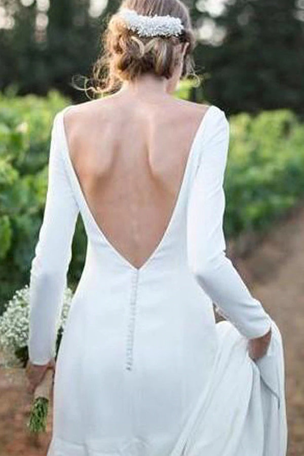 Classic White Bateau Long Sleevess Simple Wedding Dress-showprettydress