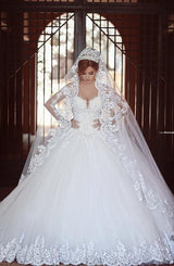 Classic White Lace Ball Gown Wedding Dress Popular Sweep Train Long Sleeves Bridal Gown-showprettydress