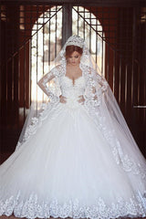 Classic White Lace Ball Gown Wedding Dress Popular Sweep Train Long Sleeves Bridal Gown-showprettydress