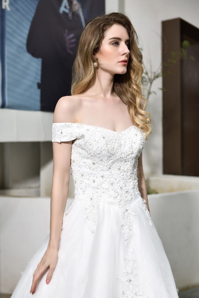 Classic White Lace Off the ShoulderLong Princess Wedding Dress with Beaded Lace Appliques-showprettydress