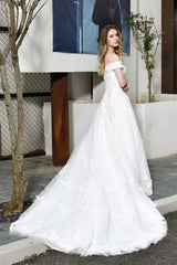 Classic White Lace Off the ShoulderLong Princess Wedding Dress with Beaded Lace Appliques-showprettydress