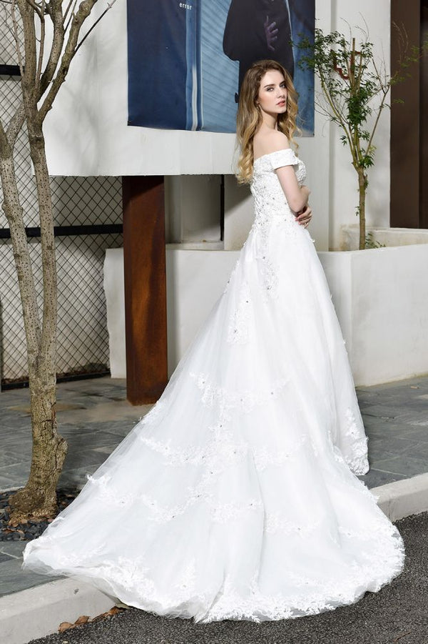 Classic White Lace Off the ShoulderLong Princess Wedding Dress with Beaded Lace Appliques-showprettydress