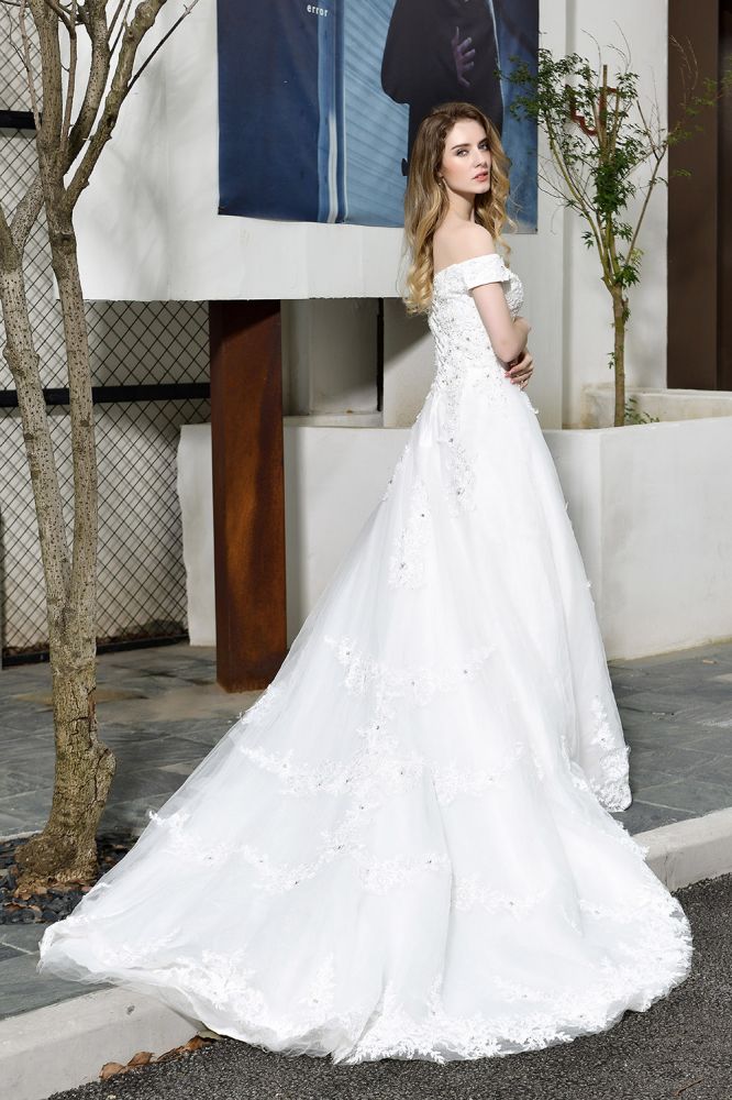 Classic White Lace Off the ShoulderLong Princess Wedding Dress with Beaded Lace Appliques-showprettydress