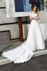 Classic White Lace Off the ShoulderLong Princess Wedding Dress with Beaded Lace Appliques-showprettydress