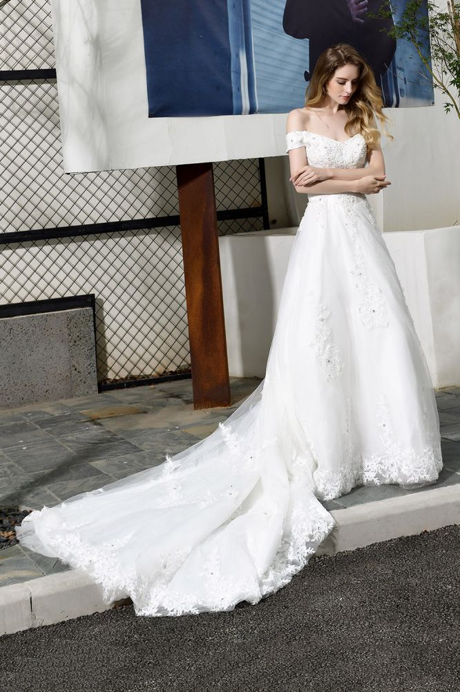 Classic White Lace Off the ShoulderLong Princess Wedding Dress with Beaded Lace Appliques-showprettydress