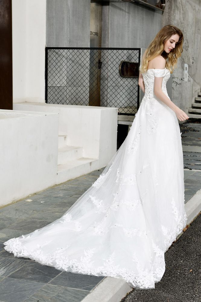 Classic White Lace Off the ShoulderLong Princess Wedding Dress with Beaded Lace Appliques-showprettydress