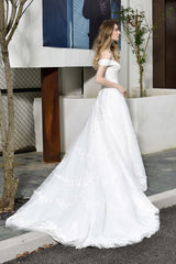 Classic White Lace Off the ShoulderLong Princess Wedding Dress with Beaded Lace Appliques-showprettydress