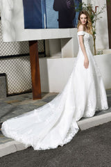 Classic White Lace Off the ShoulderLong Princess Wedding Dress with Beaded Lace Appliques-showprettydress