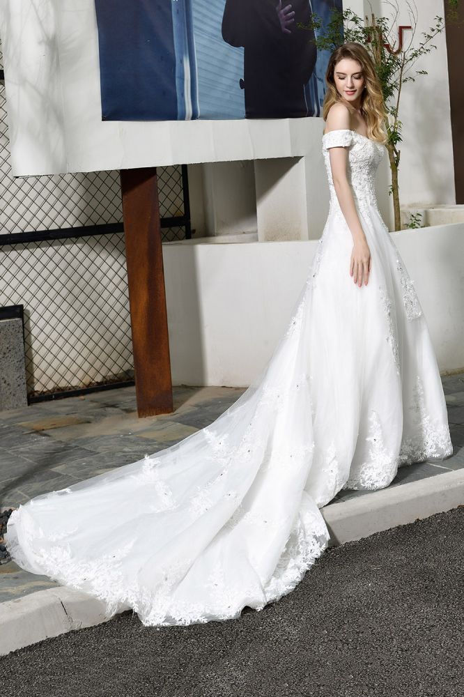 Classic White Lace Off the ShoulderLong Princess Wedding Dress with Beaded Lace Appliques-showprettydress