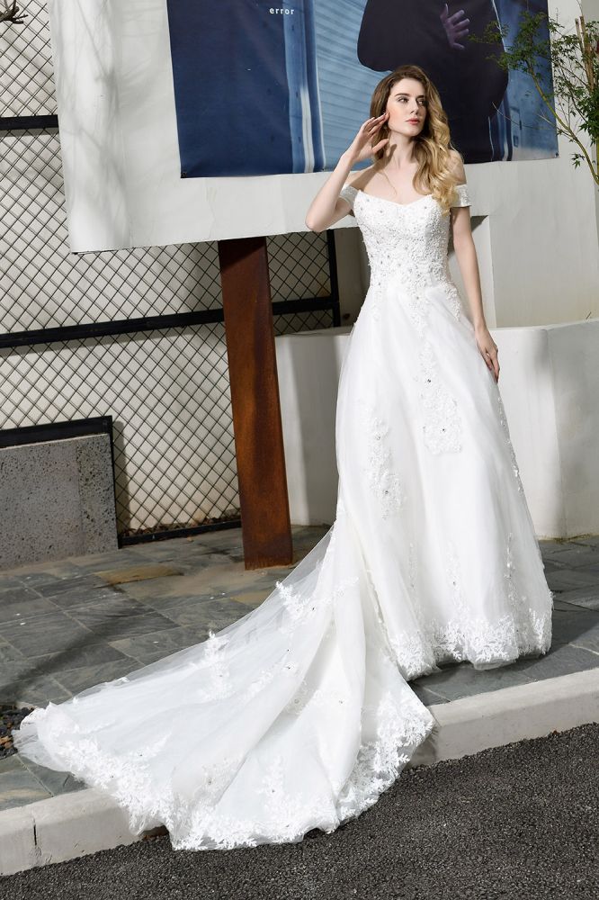 Classic White Lace Off the ShoulderLong Princess Wedding Dress with Beaded Lace Appliques-showprettydress