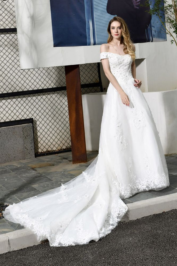 Classic White Lace Off the ShoulderLong Princess Wedding Dress with Beaded Lace Appliques-showprettydress