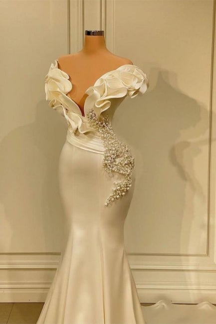 Classic White Long Pearl Ruffle Prom Dresses-showprettydress