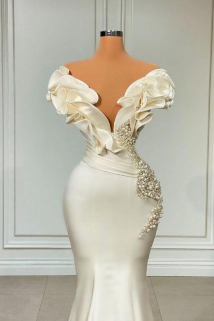 Classic White Long Pearl Ruffle Prom Dresses-showprettydress
