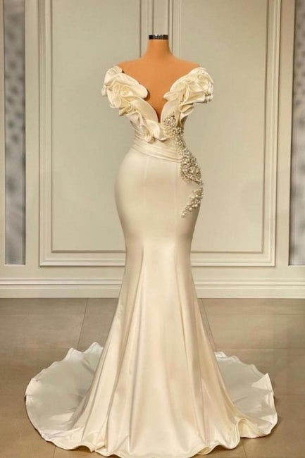 Classic White Long Pearl Ruffle Prom Dresses-showprettydress