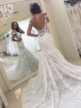 Classic White Off the shoulder Lace Mermaid Backless Wedding Dress-showprettydress