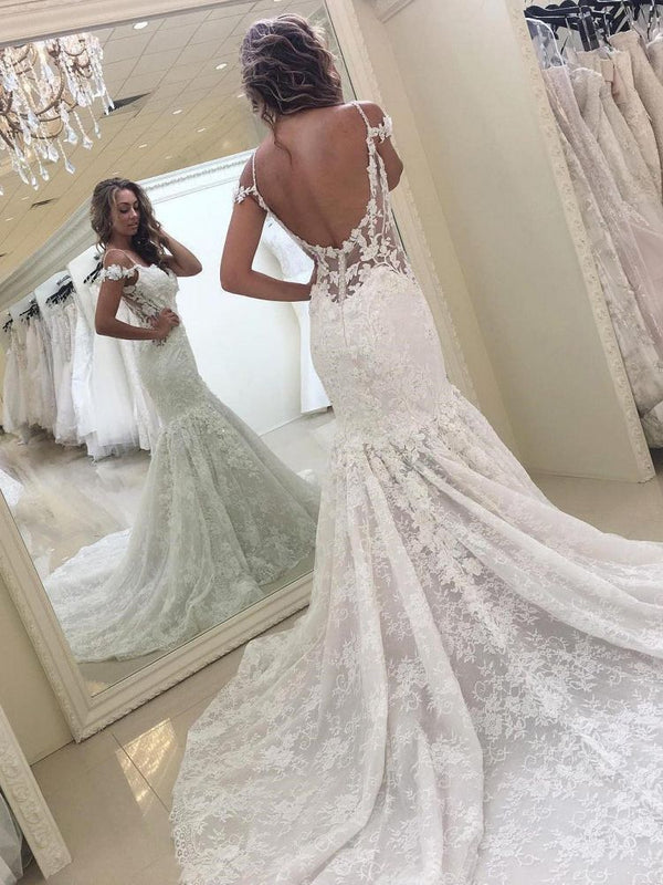 Classic White Off the shoulder Lace Mermaid Backless Wedding Dress-showprettydress