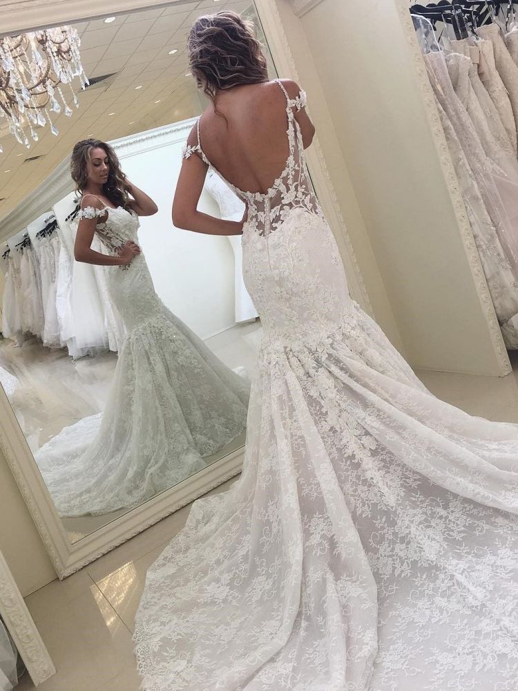 Classic White Off the shoulder Lace Mermaid Backless Wedding Dress-showprettydress