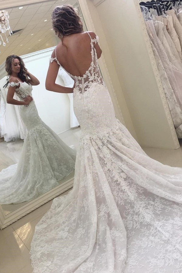 Classic White Off the shoulder Lace Mermaid Backless Wedding Dress-showprettydress