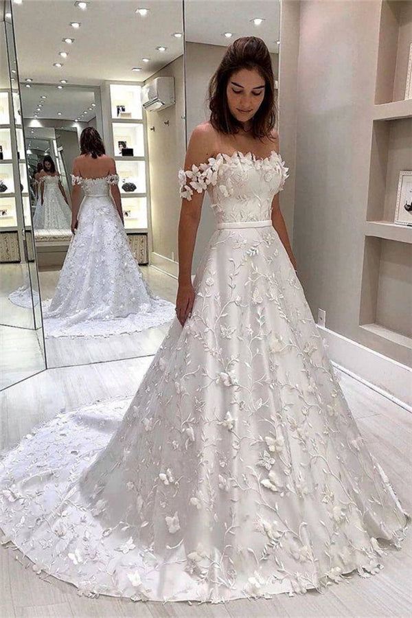 Classic White Strapless Off the shoulder Court Train Princess Wedding Dress-showprettydress