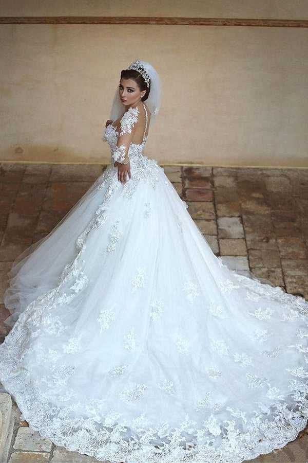 Classic White Sweetheart Long Sleevess Tulle Ball Gown Wedding Dress-showprettydress
