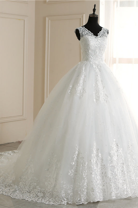Classic White V neck Sleeveless Ball Gown Lace Wedding Dress-showprettydress