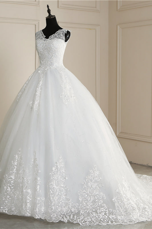 Classic White V neck Sleeveless Ball Gown Lace Wedding Dress-showprettydress