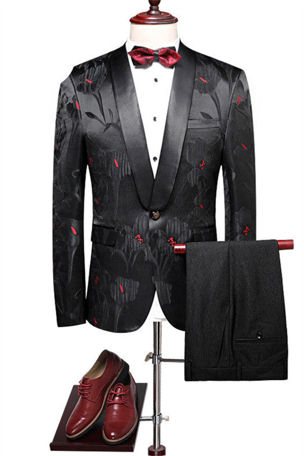 Classy Black Men's Prom Suits Online Jacquard Peak Lapel Tuxedo with 2 Pieces-showprettydress