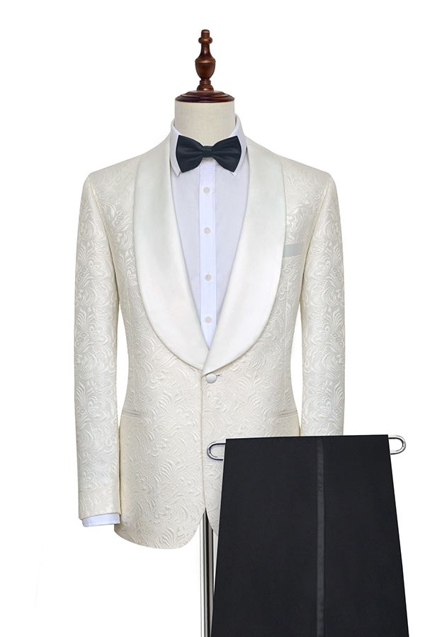 Classy Jacquard White Tuxedos for Wedding Silk Shawl Lapel One Button Wedding Suit for Men-showprettydress