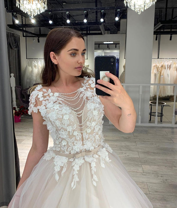 Classy Long A-Line Bateau Appliques Lace Tulle Wedding Dress With Bowknot Sash-showprettydress