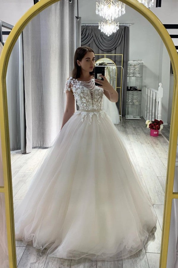 Classy Long A-Line Bateau Appliques Lace Tulle Wedding Dress With Bowknot Sash-showprettydress