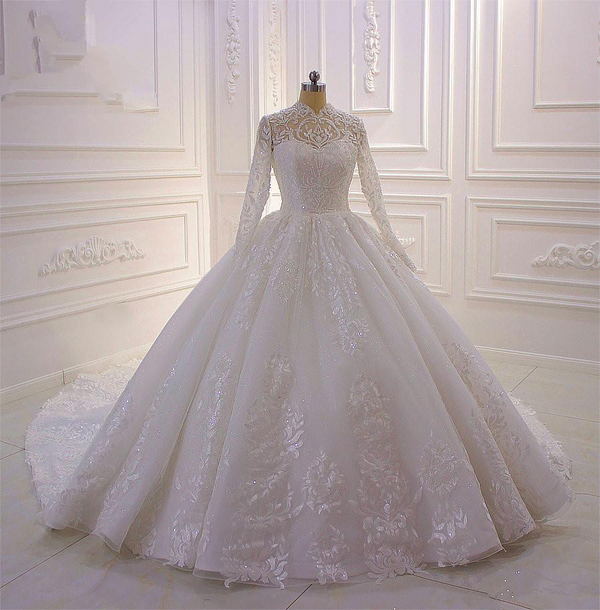 Classy Long A-line High Neck Appliques Lace Pearl Sequins Ruffles Wedding Dress with Sleeves-showprettydress