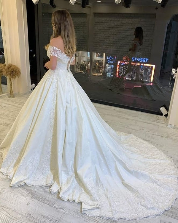 Classy Long A-Line Off-the-Shoulder Appliques Lace Backless Wedding Dress-showprettydress