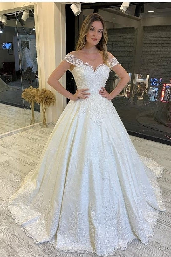 Classy Long A-Line Off-the-Shoulder Appliques Lace Backless Wedding Dress-showprettydress