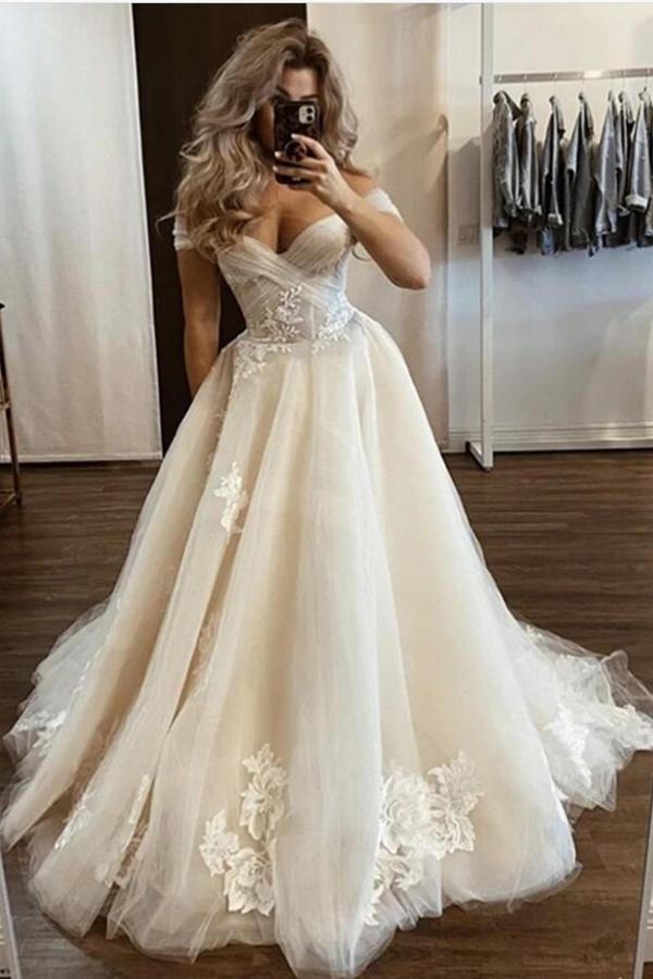 Classy Long A-line Off-the-shoulder Tulle Lace Wedding Dress-showprettydress