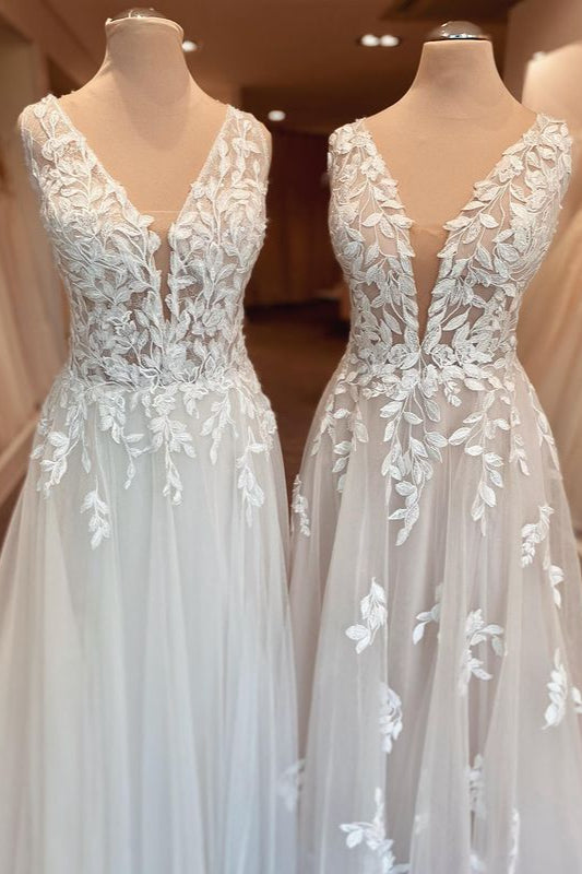 Classy Long A-Line Sweetheart Appliques Lace Open Back Wedding Dress-showprettydress
