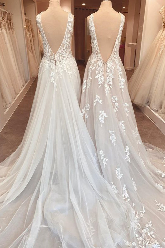 Classy Long A-Line Sweetheart Appliques Lace Open Back Wedding Dress-showprettydress