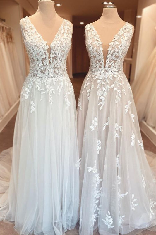 Classy Long A-Line Sweetheart Appliques Lace Open Back Wedding Dress-showprettydress